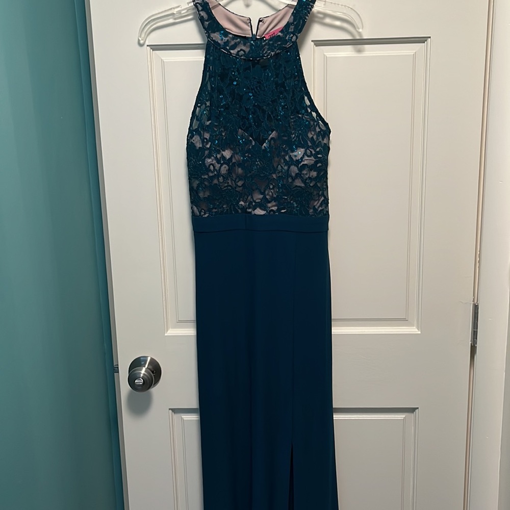 Teal Lace High Neck Gown